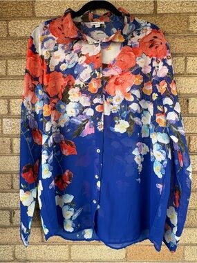 Royal Blue Sheer Floral Button-Down Shirt by Covet